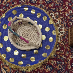 handwoven festive tray with natural fiber basket