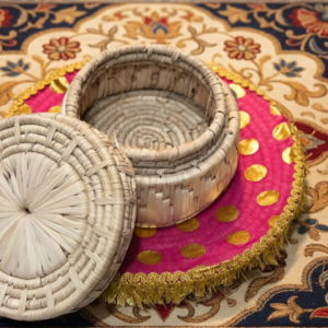 handwoven natural fiber storage basket with lid